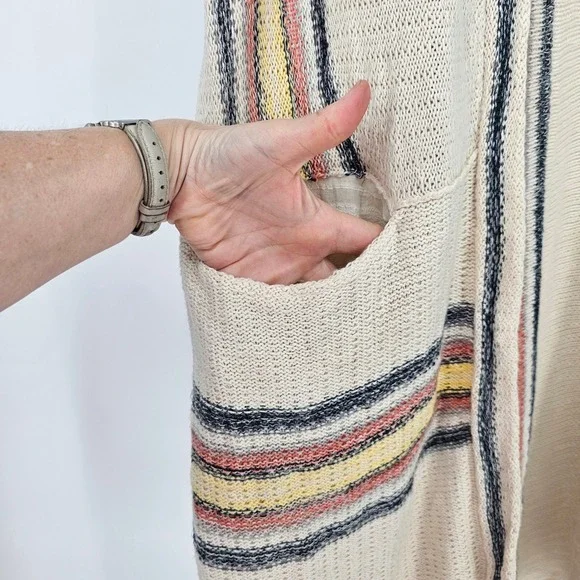 Free People Deck Chair Knit Sweater Kimono Cardi Top M L Cream Stripe Coastal - Picture 4 of 10